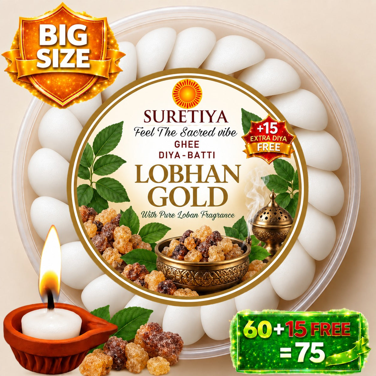 Suretiya Loban Gold Ghee Diya Batti – white