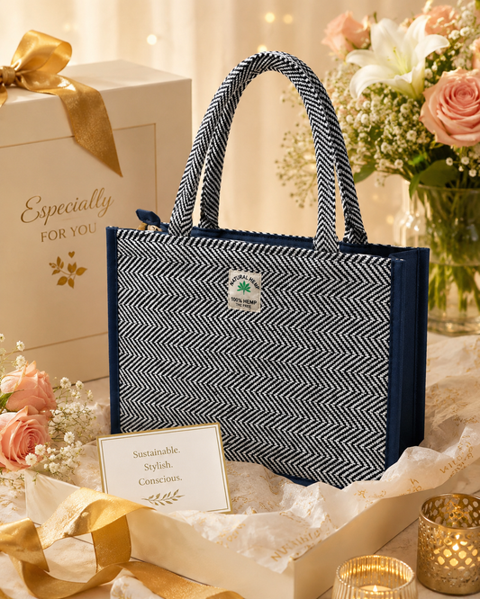 Premium Cotton Hemp Tote Bag for Women | Blue Office Handbag | Large Reusable Shopping Shoulder Bag with Zipper | College & Work Carry Bag