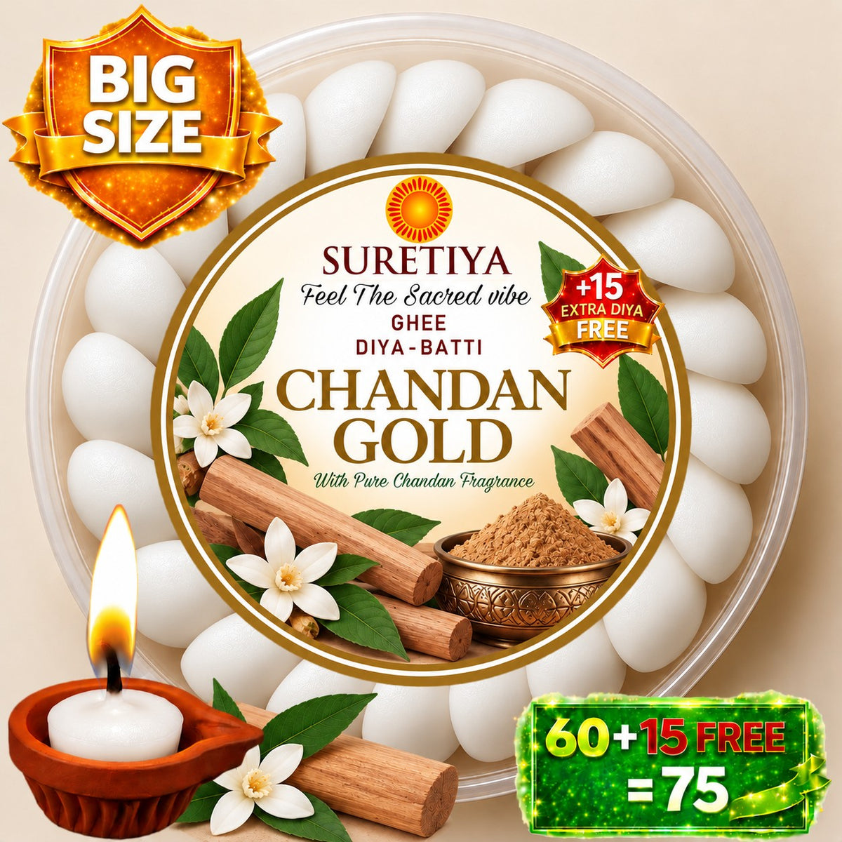 Suretiya Chandan Gold Ghee Diya Batti – white