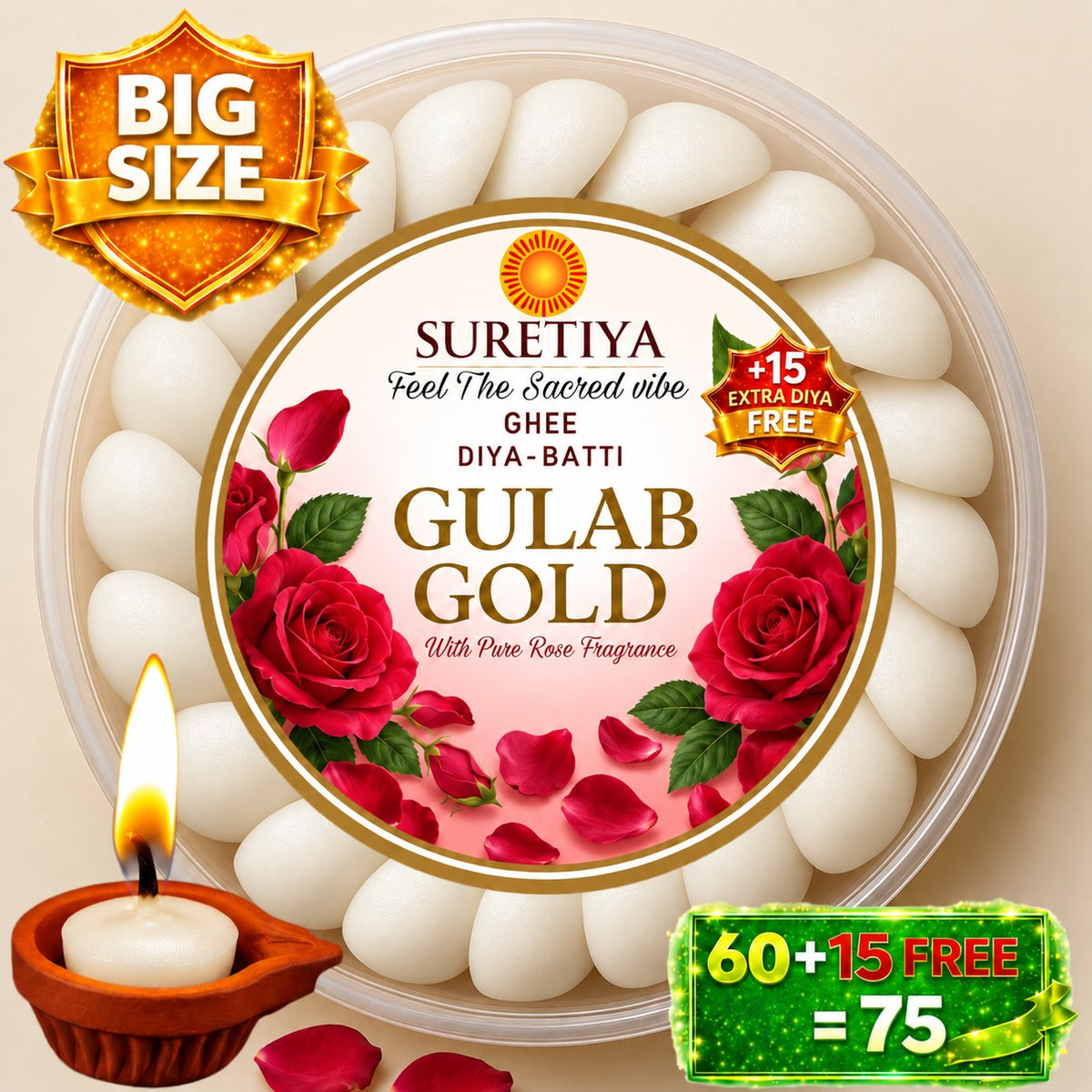 Suretiya Gulab Gold Ghee Diya Batti – white