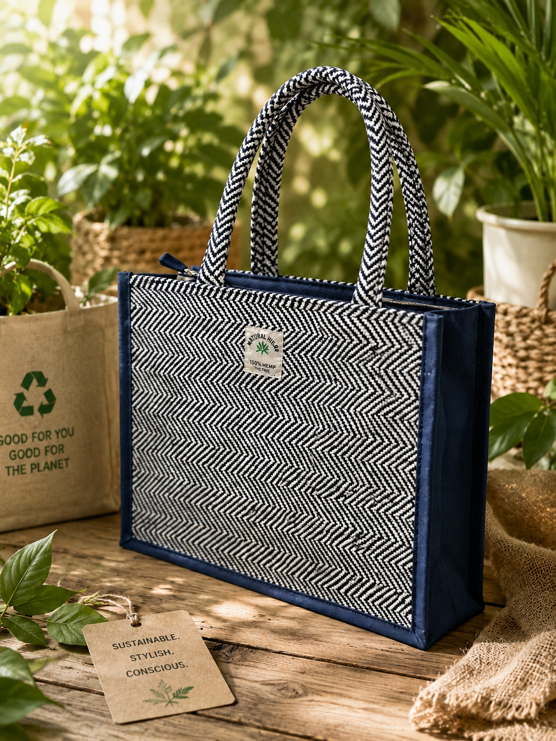 Premium Cotton Hemp Tote Bag for Women | Blue Office Handbag | Large Reusable Shopping Shoulder Bag with Zipper | College & Work Carry Bag