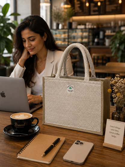 Premium Cotton Hemp Tote Bag for Women | Beige Office Handbag | Large Reusable Shopping Shoulder Bag with Zipper | College & Work Carry Bag