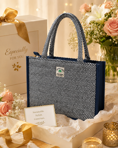 Premium Cotton Hemp Tote Bag for Women | Blue Office Handbag | Large Reusable Shopping Shoulder Bag with Zipper | College & Work Carry Bag
