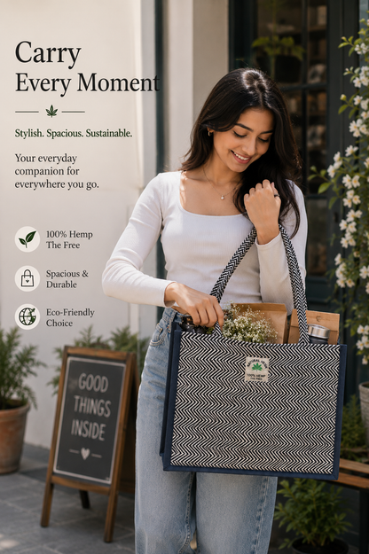 Premium Cotton Hemp Tote Bag for Women | Blue Office Handbag | Large Reusable Shopping Shoulder Bag with Zipper | College & Work Carry Bag