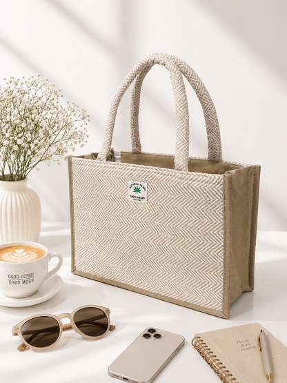 Premium Cotton Hemp Tote Bag for Women | Beige Office Handbag | Large Reusable Shopping Shoulder Bag with Zipper | College & Work Carry Bag
