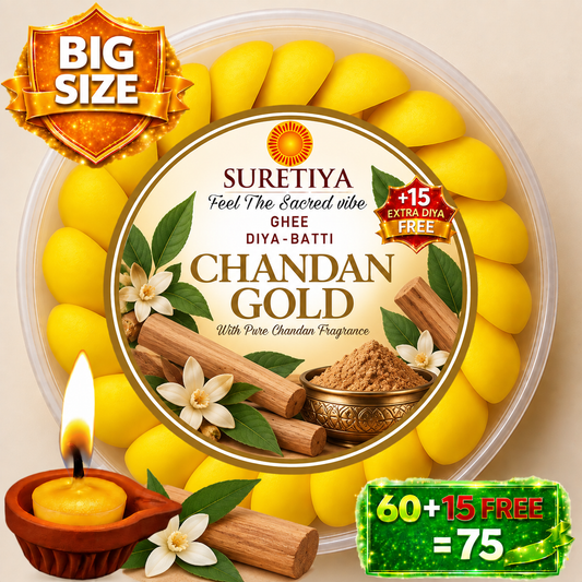 Suretiya Chandan Gold Ghee Diya-Batti in a large clear plastic tub filled with yellow wax candles, shown with a decorative label featuring cinnamon sticks, flowers, and a gold bowl. Promotional badges read 'BIG SIZE' and '60+15 FREE = 75'.