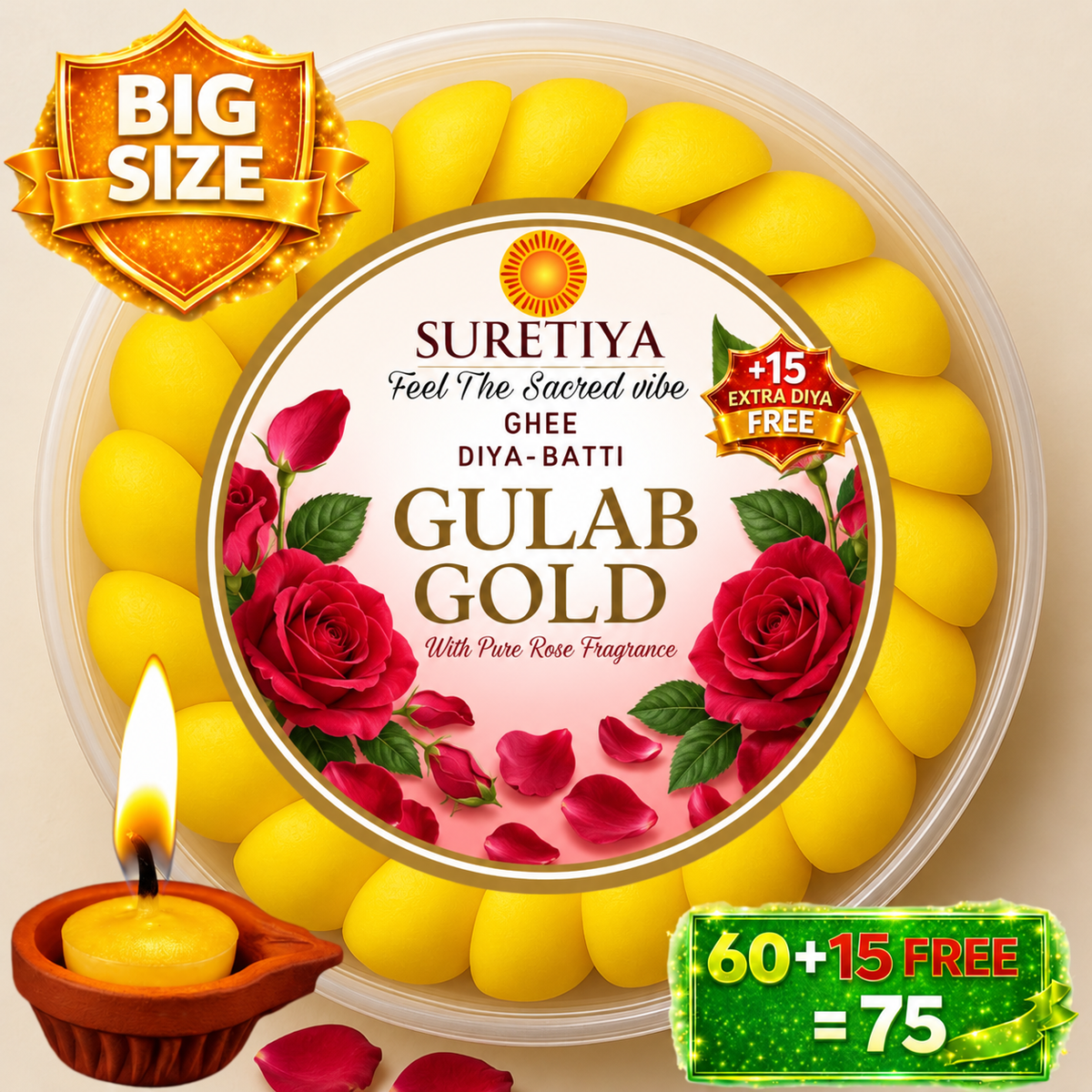 Suretiya Gulab Gold Ghee Diya Batti – Yellow