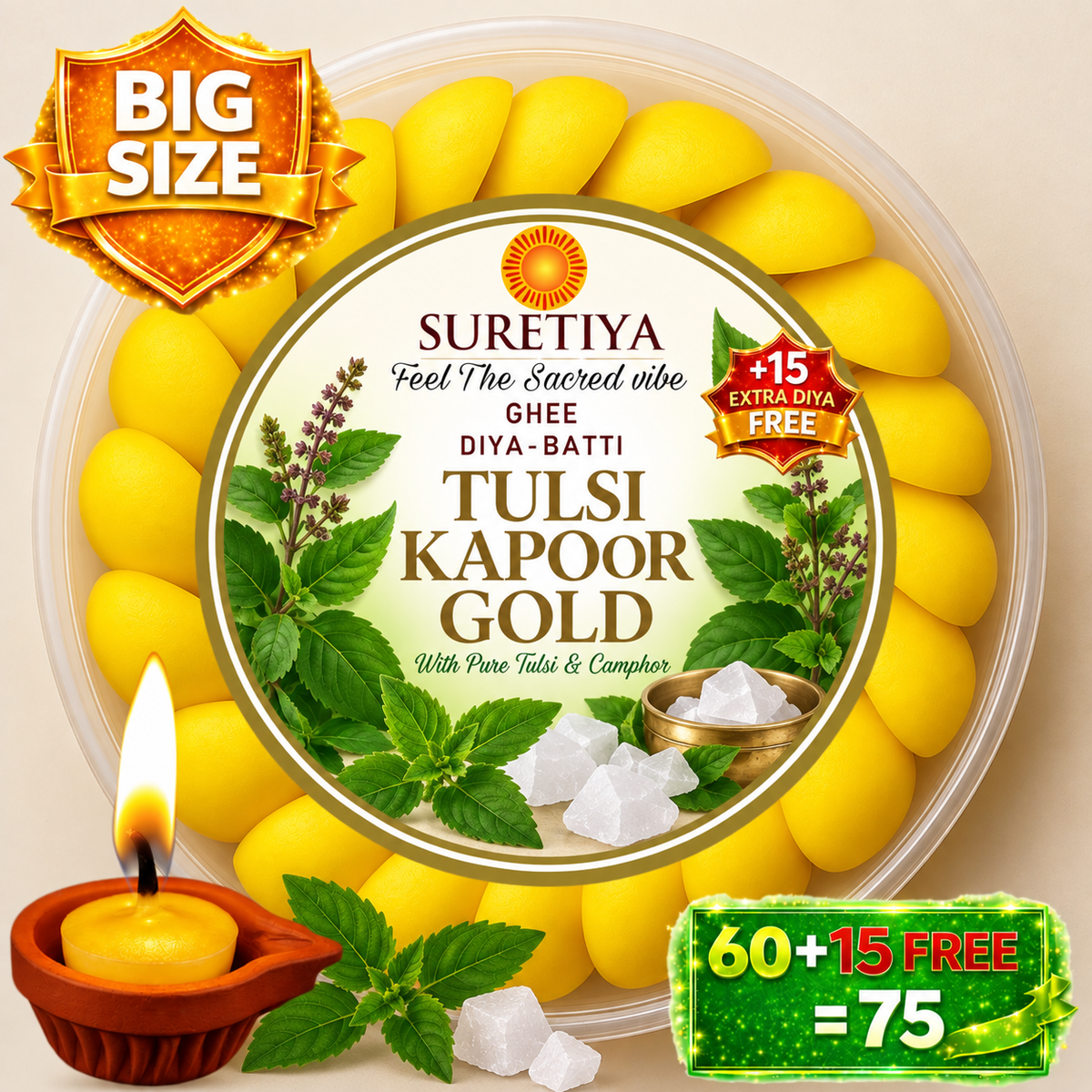 Suretiya Tulsi Kapoor Gold Ghee Diya Batti – Yellow